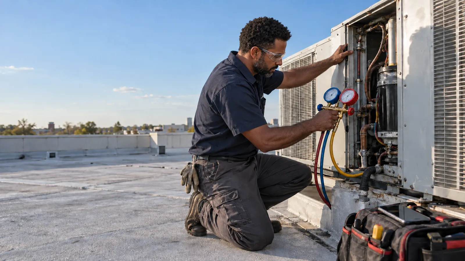 An HVAC technician kneeling on a rooftop, checking refrigerant gauges on an open air-conditioning unit