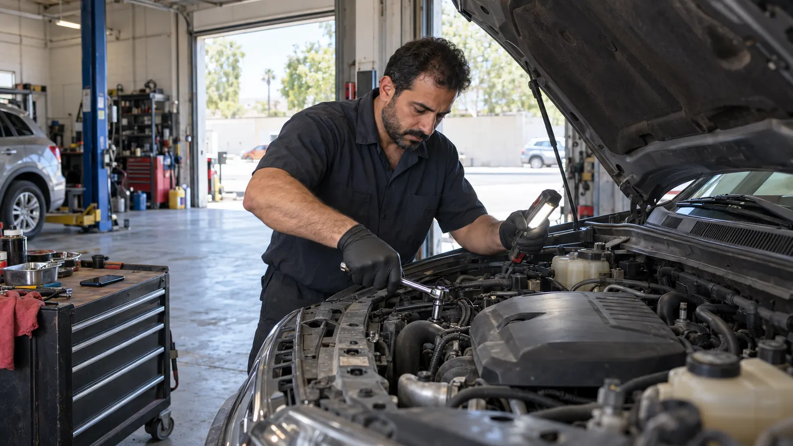A mechanic in a small repair shop working on a car engine with a ratchet and a work light