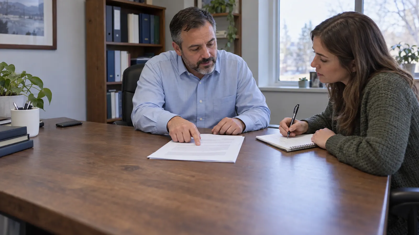 An insurance agent going over a document with a client who is taking notes