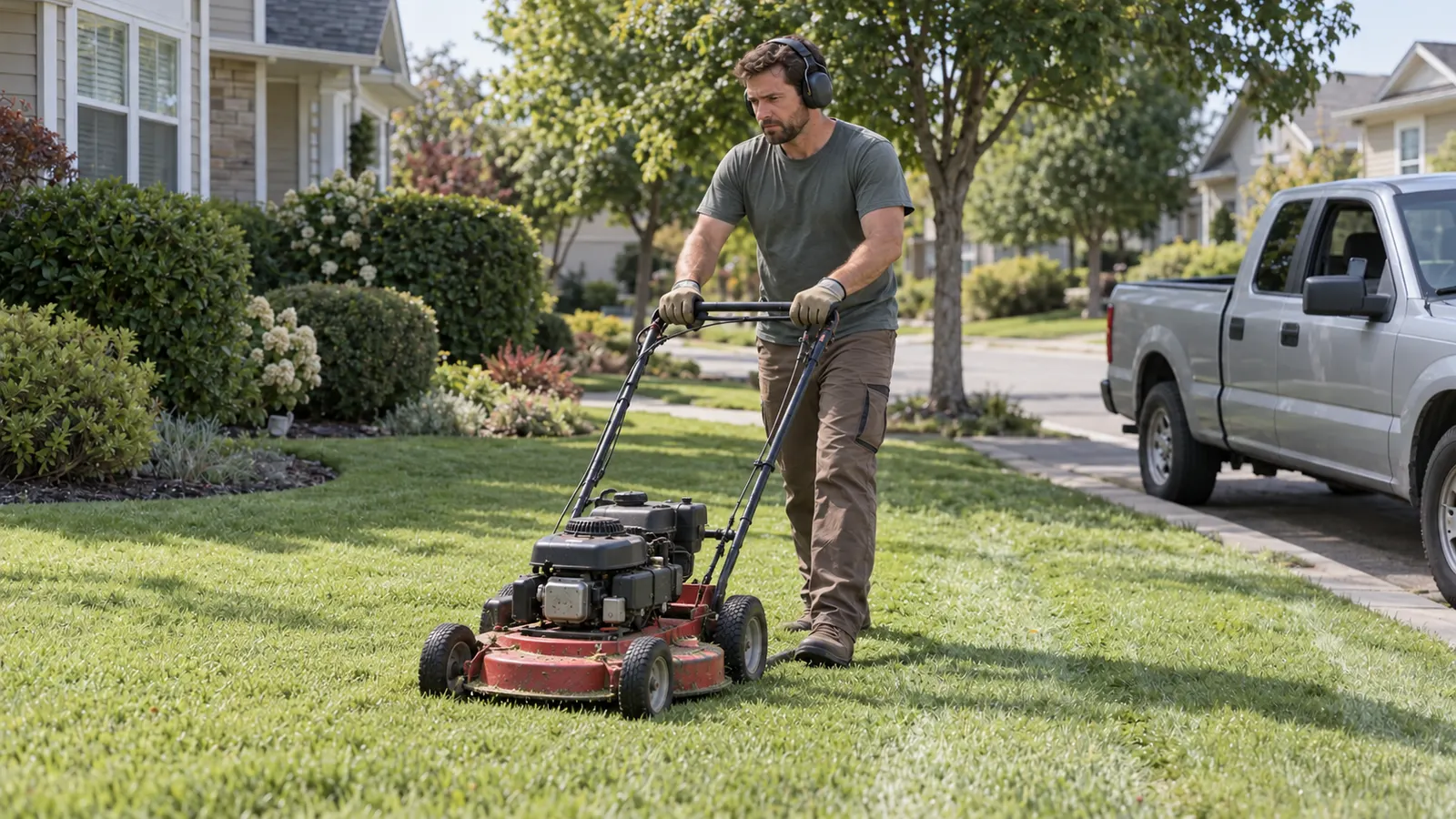 A landscaper in ear protection mowing a front lawn, with a pickup truck at the curb