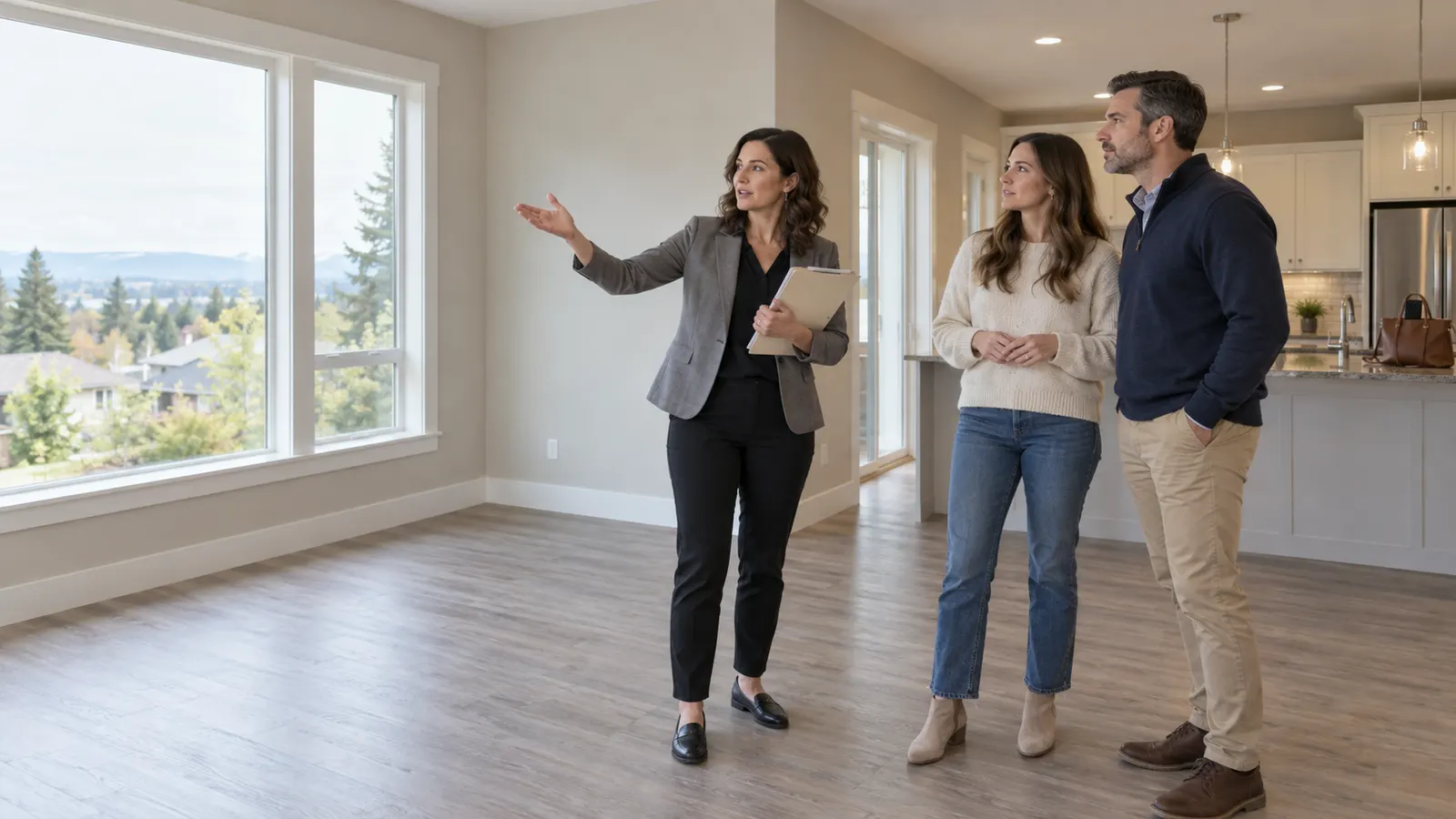 A real estate agent showing a bright, empty living room to a couple